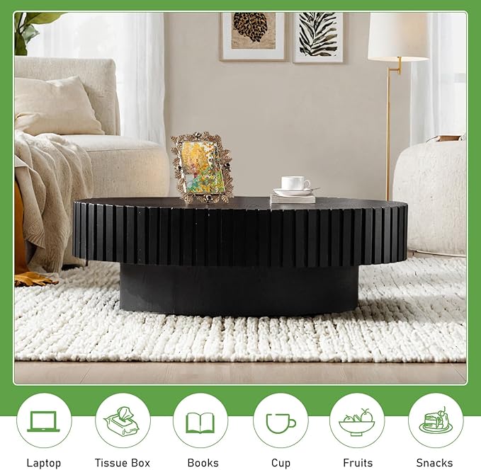Oval Coffee Table for Living Room, 43.3'' Modern Handcraft Drum Coffee Table Unique Fluted Coffee Tables Wood Center Table End Table for Small Space, Farmhouse Apartment Office (Oval Black)