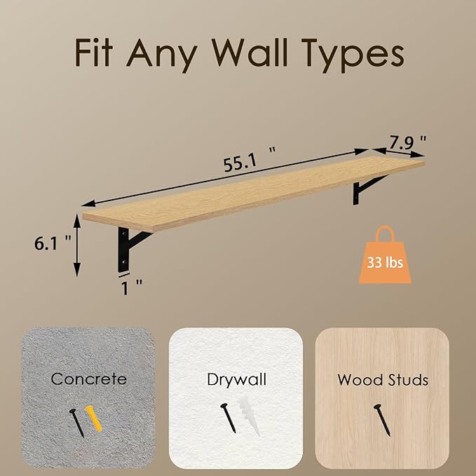 DINZI LVJ Long Wall Shelves, 55.1Inch Wall Mounted Shelves Set of 2, Extra Large Storage Ledges with Sturdy Metal Brackets for Living Room, Bathroom, Bedroom, Kitchen, Natural