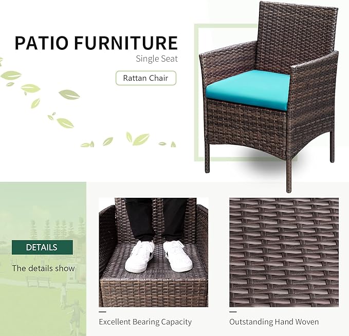 Greesum 3 Pieces Patio Furniture Sets Outdoor PE Rattan Wicker Chairs with Soft Cushion and Glass Coffee Table for Garden Backyard Porch Poolside, Brown and Blue