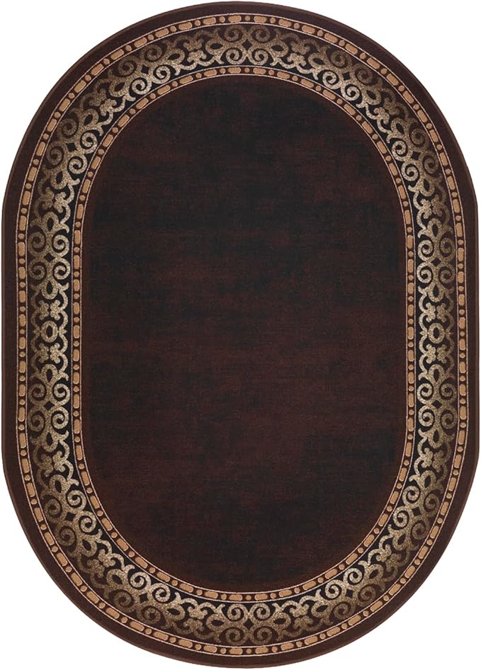 Antep Rugs Alfombras Bordered Modern 5x7 Non-Slip (Non-Skid) Low Pile Rubber Backing Indoor Area Rug (Brown, 5' x 7' Oval)