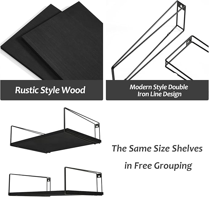 SRIWATANA Wide Floating Shelves, Rustic Wood Wall Shelves Set of 2, Wall Mounted Shelves with Large Capacity for Many Rooms Decor, Black
