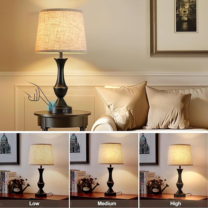 Luvkczc Upgraded Touch Table Lamps Set of 2, 22" Tall Bedside Lamps with USB C+A Ports, Dimmable Nightstand Lamps for Bedroom, Living Room, Office, Black Lamp with Beige Lampshade, Bulb Included
