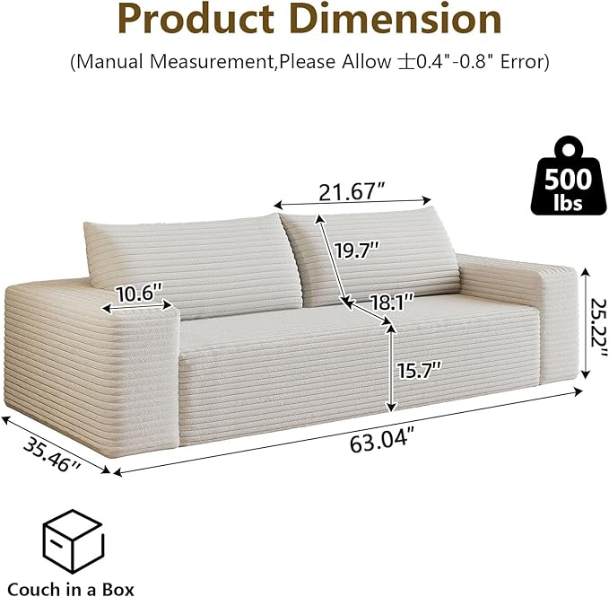 63" Boneless Loveseat Sofa - Cloud Couch with Memory Foam, Comfy Deep Seat - Corduroy Floor Sofa, No Assembly Required - Small Space Friendly for Living Room, Bedroom, Apartment, White