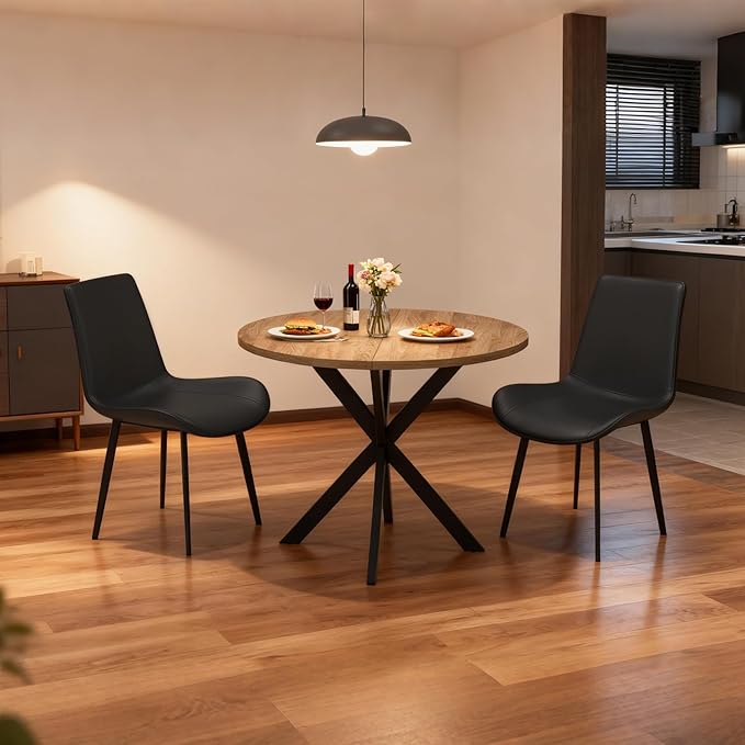 31.5" Round Dining Table and Chairs Set for 2, Small Dining Table Chairs Set Space-Saving, Round Table Set with Upholstered Chairs for Kitchen Dining Room Apartment(Natural + Black)