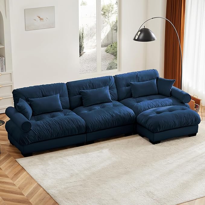 130" Oversized L Shaped Sectional Sofa, 3 Seater Modular Velvet Cloud Couch with Ottoman, Blue Large Fluffy Couch Set for Living Room