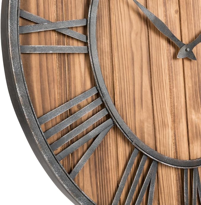 Oldtown Farmhouse Metal & Solid Wood Noiseless Wall Clock (Wood, 36-inch)