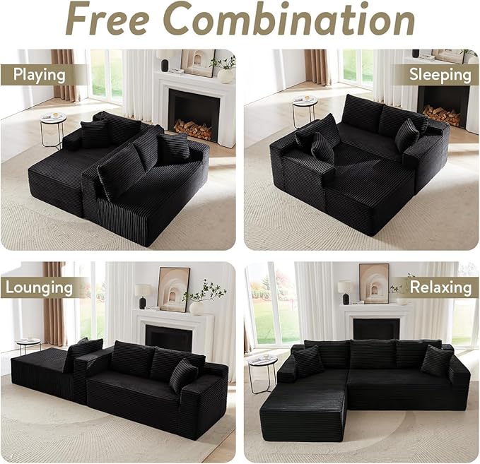 104 Inch Cloud Sectional Couch with L-Shape Chaise,Modern Upholstered Couches with Deep Seat,Corduroy Sponge Compressed Sofa for Living Room,No Assembly Required (Black)