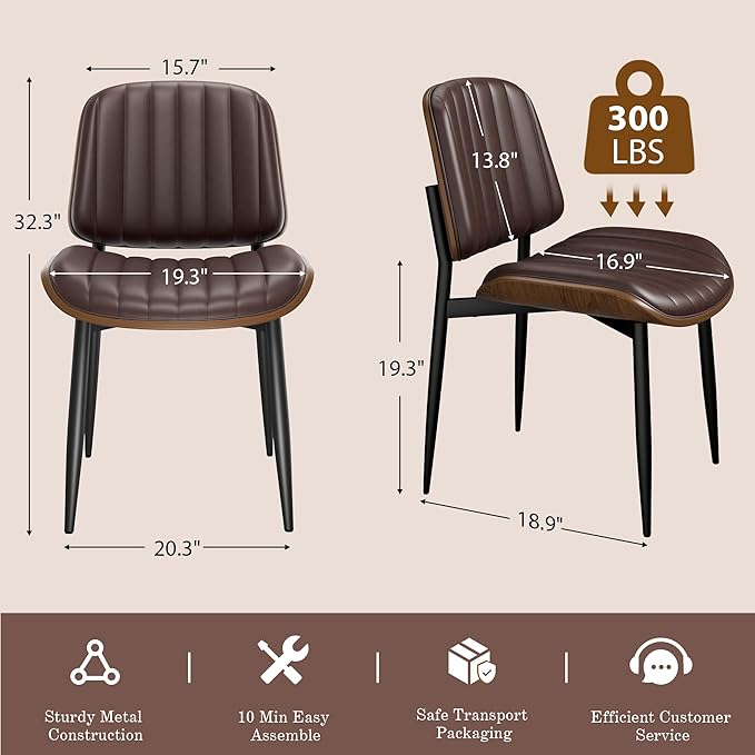 Dining Chairs Set of 6, Mid-Century Modern Upholstered PU Leather Chairs with Walnut Bentwood Back and Metal Legs Adjustable Feet for Kitchen Dining Living Room, Dark Brown Vertical Stripes