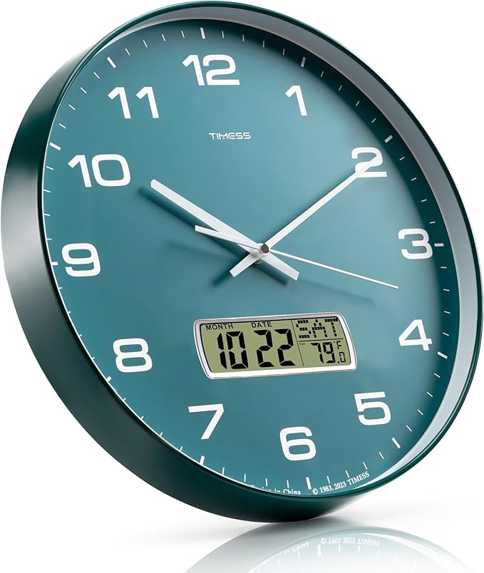 Wall Clock, 14" Large Dial Non-Ticking Silent Battery Operated Analog with LCD Display for Perpetual Calendar and F° Temperature, Ideal Modern Home, Bedroom, Kitchen, Office Decor(Green)