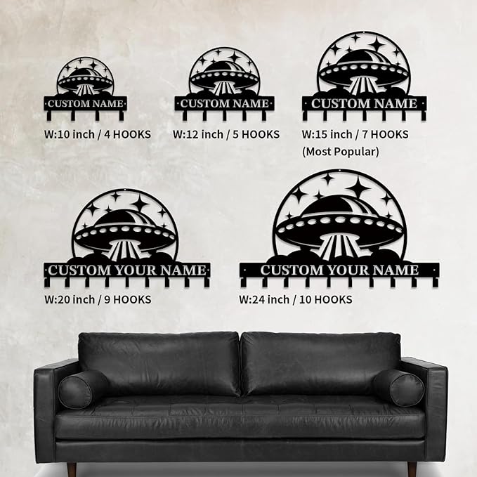 Personalized Custom Alien UFO Metal Wall Keys Hooks,Clothes Hooks Alien UFO Art Coat Racks,Door Holder,Black Alien UFO Decorations for Home,Entrance Doors,Hallway, Bedroom,Keys,Hats (Style F)