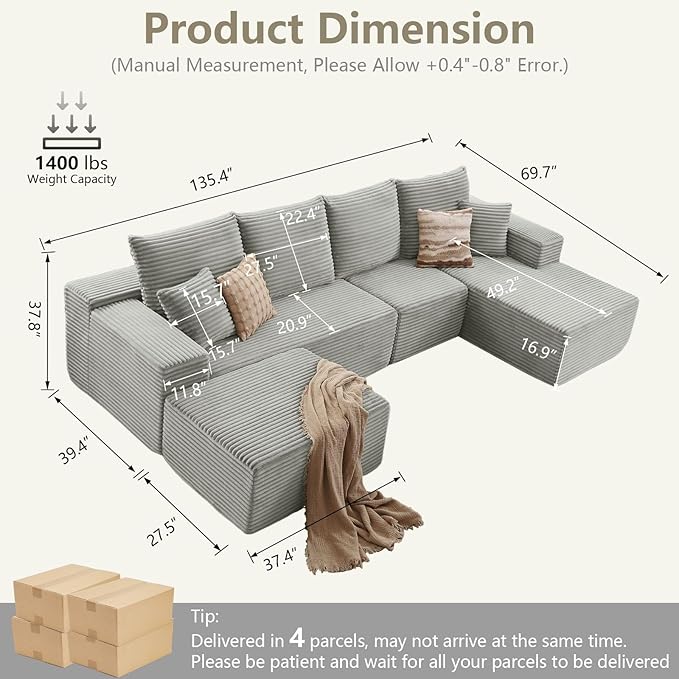 135" U-Shape Cloud Couch, Modern Modular Sectional Comfy L-Shape Sofa with Ottoman, Deep Seat, Upholstered Corduroy Sleeper Chaise Longue for Living Room Bedroom, No Assembly Required, Grey