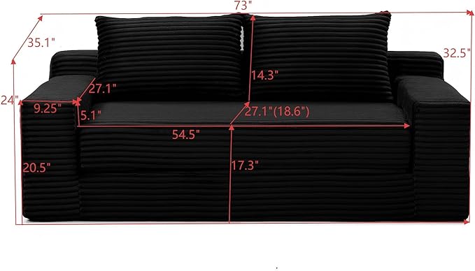 73" Cloud Loveseat Sofa Couch in a Box, 2 Seater Boneless Couch, Convertible Pull Out Sofa Bed with Pillows, No Assembly, Memory Foam, Modern Small Couches for Small Spaces (A-Black)