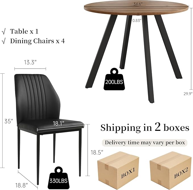 34.6'' Round Dining Table and Chairs for 4 Space Saving for Apartment Kitchen Dining Room (Walnut Table+4 Black Chairs)
