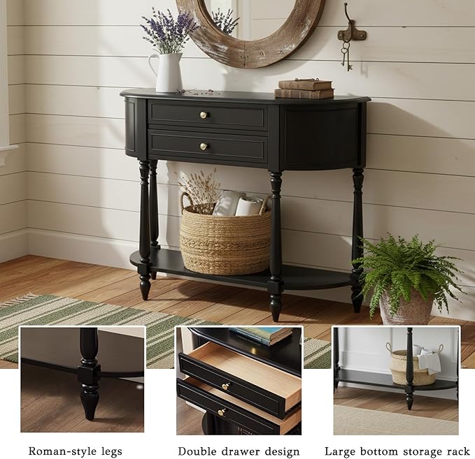 Black Entryway Table Narrow, Half Moon Console Table with Two Drawers, Solid Wood Mid Century Modern Console Table with Adjustable Legs for Living Room, Foyer, or Hallway