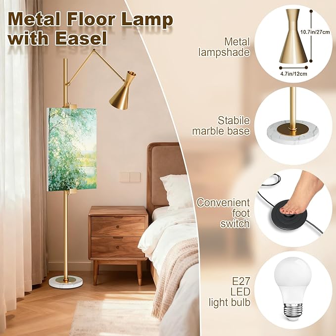 Metal Floor Lamp with Easel, Adjustable 360° Swing-Arm Standing Lamps, 67in Tall Lamp with Marble Base for Living Room, Painting Rooms, Bedroom, Offices, Courtyards, Gold
