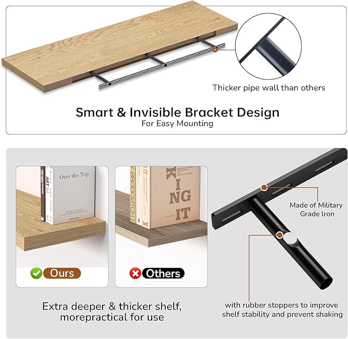 Fun Memories Floating Shelves - 12 Inch Rustic Wooden Wall Shelves - Extra Deeper & Thicker Wall Mounted Storage Shelf for Living Room, Kitchen, Farmhouse - 55" W x 12" D x 1.8" H - Oak