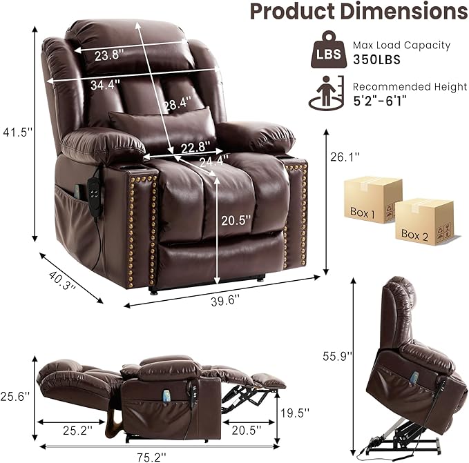 PARKOL Large Infinite Position Leather Power Lay Flat Lift Studded Recliner Chairs for Elderly, Dual Motor with Massage and Heating,Extended Footrest, USB&Type-C Port Remote,Cup Holder (Brown, Large)