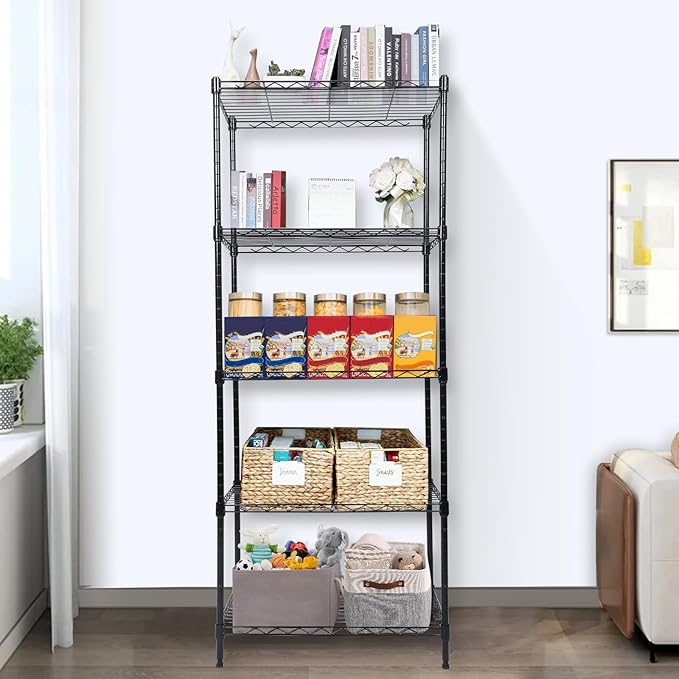 Whitmor 5 Tier Shelving Unit, Adjustable Storage Shelves with Wheels, Wire Shelving, 400 lbs Capacity per Shelf, Max 2000 lbs Total for Laundry, Garage, Plant, 21" L x 12" W x 54" H, Black