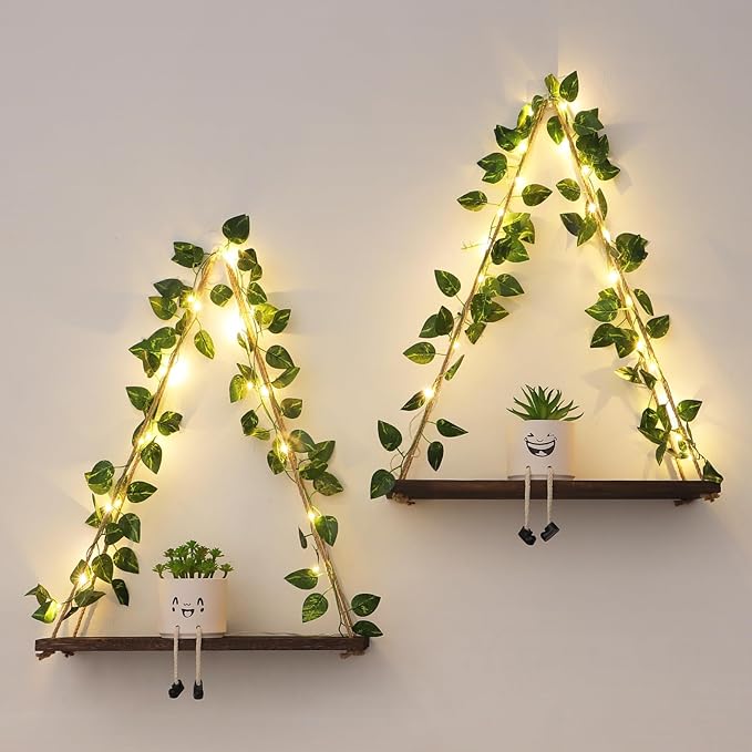 Floating Shelves for Wall, Hanging Shelves with Artificial Pothos LED String Light, No Drilling Hanging Shelf, Wood Hanging Plant Shelves for Wall Décor, Boho Decor, Art Bedroom, 2 Pack