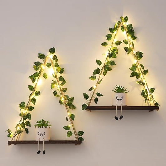 Floating Shelves for Wall, Hanging Shelves with Artificial Pothos LED String Light, No Drilling Hanging Shelf, Wood Hanging Plant Shelves for Wall Décor, Boho Decor, Art Bedroom, 2 Pack