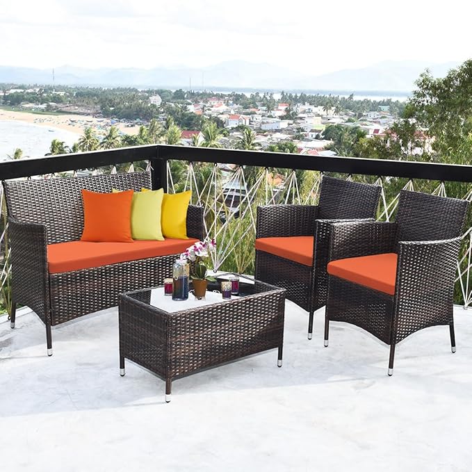 Tangkula 4 Pieces Patio Rattan Conversation Set, Outdoor Wicker Furniture with Tempered Glass Coffee Table & Thick Cushion, Rattan Chair Wicker Set for Garden, Lawn, Poolside and Backyard (1, Orange)