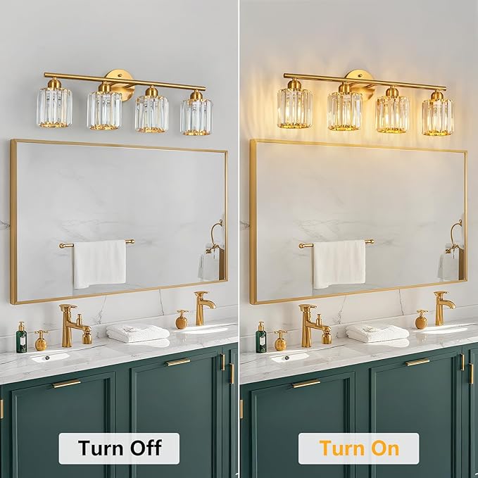 Modern 4 Light Crystal Vanity Light, Brushed Gold Vertical Bathroom Light Fixture Over Mirror for Dressing Table Sink, Compatible with Dimmable Bulbs (Bulbs Not Included)