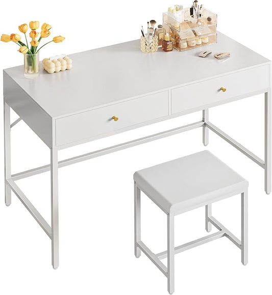 SUPERJARE 43-inch White Desk with 2 Drawers and Padded Stool, Modern Makeup Vanity & Computer Desk with Storage for Home Office, Bedroom Study