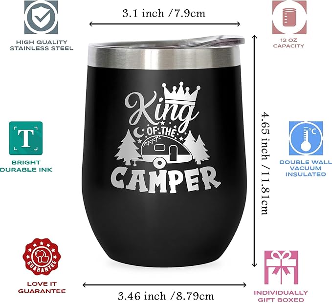 King of The Camper Wine Tumbler, Outdoor Camping Gifts Coffee Mug Cup, Camp Wine Glass Stemless Tumblers with Lid Stainless Steel Insulated Vacuum, RV Gifts for Campsite Travel Camping 12 Oz