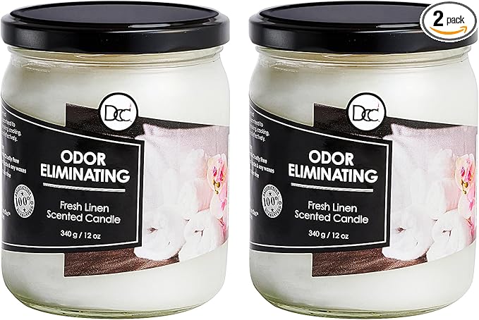 Fresh Linen Two Pack Odor Eliminating Highly Fragranced Candle - Eliminates 95% of Pet, Smoke, Food, and Other Smells Quickly - Up to 80 Hour Burn time - 12 Ounce Premium Soy Blend