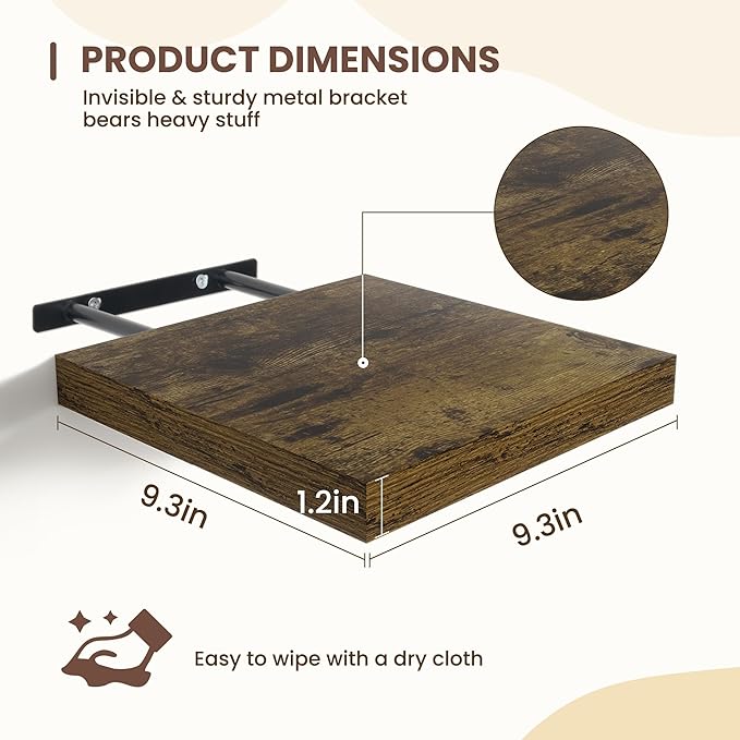 Fun Memories Square Floating Shelves for Wall - 9.3 Inch Deep Floating Shelves with Invisible Brackets, Brown Small Wall Shelf for Living Room, Bathroom, Bedroom, and Kitchen Decor，Set of 4