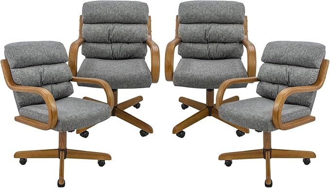 Chromcraft Douglas Set of 4 Casual Dining Chairs Classic Swivel Tilt Dinning Chairs with Casters, Wooden Arm Metal Pedestal Base Chairs with Rolling Wheels for Kitchen & Dining Room