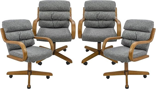 Chromcraft Douglas Set of 4 Casual Dining Chairs Classic Swivel Tilt Dinning Chairs with Casters, Wooden Arm Metal Pedestal Base Chairs with Rolling Wheels for Kitchen & Dining Room