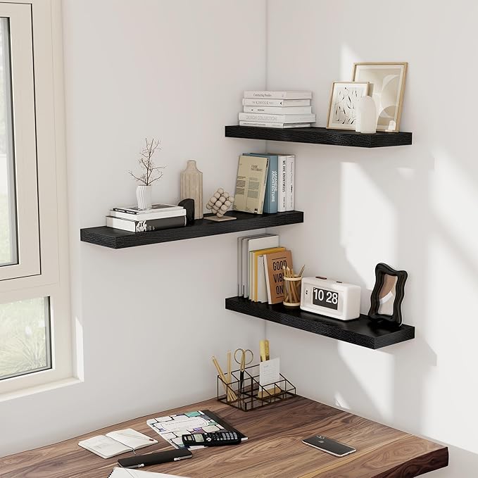 Fun Memories Black Floating Shelves for Wall, 32W x 8D Floating Wall Shelves with Invisible Brackets Set of 2, Hanging Rustic Wood Shelf Decoration for Bedroom, Bathroom, Living Room and Kitchen