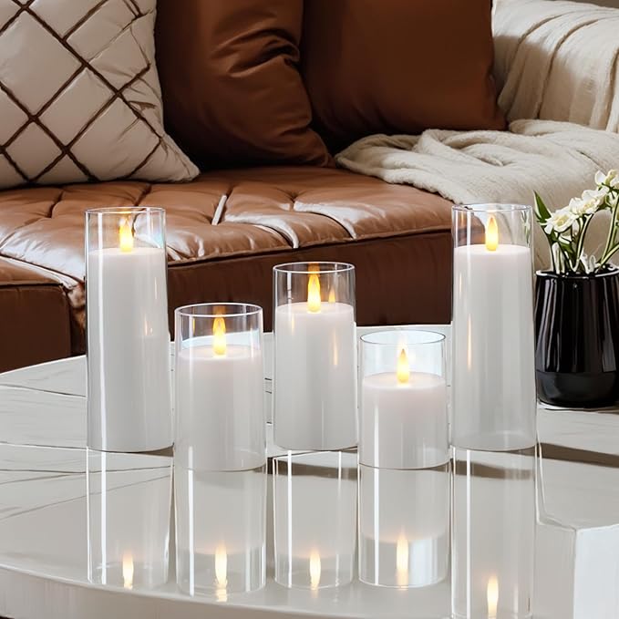 Homemory Realistic Flickering Battery Operated Candles, LED Fake Electric Candle with Remote Control and Timer, Flameless Candles for Home, Christmas Decoration, White, Set of 5