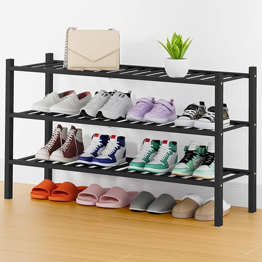 Smiry Shoe Rack, 3 Tier Thick Long Bamboo Shoe Organizer, Stackable Free Standing Wooden Shoe Storage Shelf for Closet, Entryway, Front Door Entrance, Black