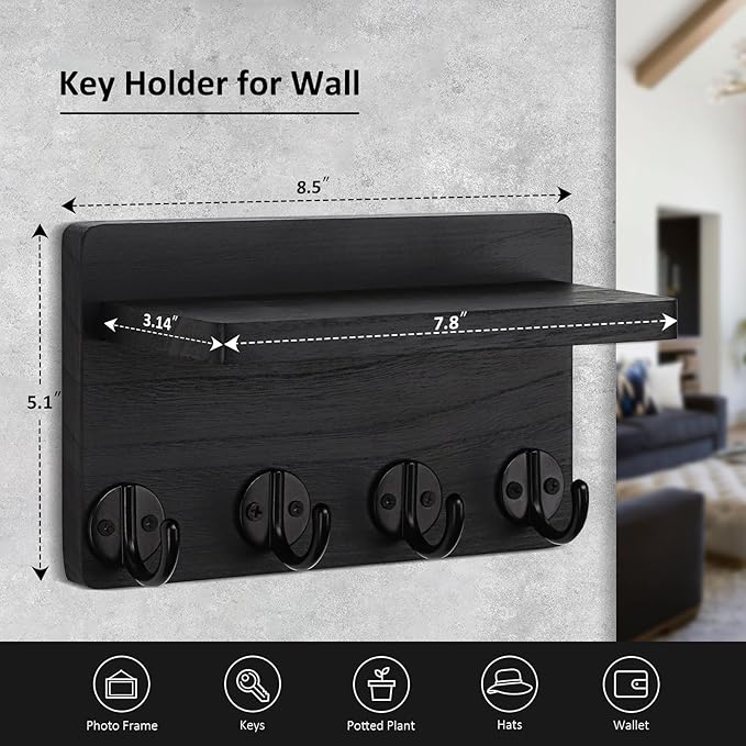 Nekon Key Holder Wall Mount, 8.5 Inch Small Home Decor Wooden Wall Organizer with 4 Hooks and Shelf, Wall Decor for Living Room Entryway Kitchen (Black)