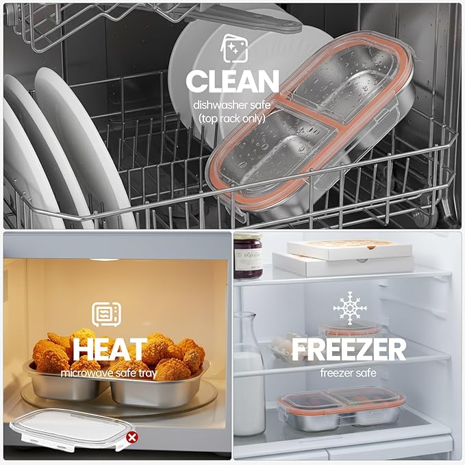 Snackle Box Container,Dishwasher,Reusable Snack Containers With Lids,2 Compartment Stainless Steel Snack Containers,Fruits, Snacks,Nuts,Salad,travel,800ML,White&Orange,2 Pack