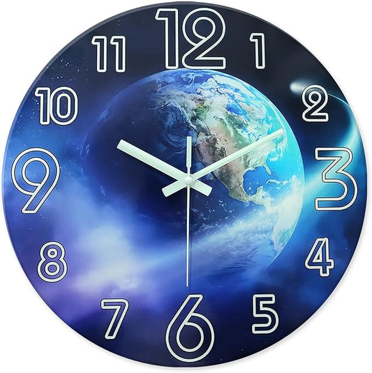 Blue Decorative Wall Clock for Living Room 16 Inch Round Analog Glow in The Dark Wall Clocks Battery Operated Quite Wall Clock Non Ticking