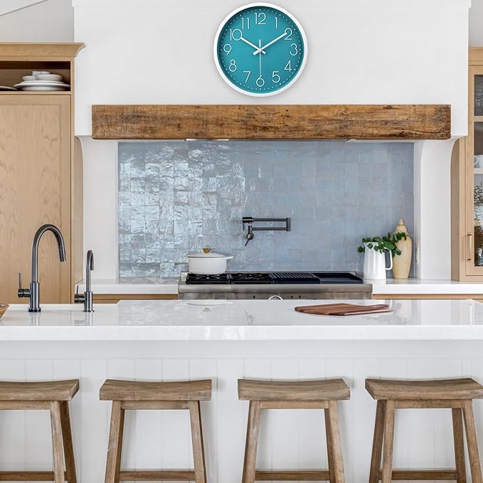 jomparis 12 Inch Silent Non-Ticking Battery Operated Round Turquoise Wall Clock Easy to Read for Pool/Home/Office/School/Kitchen/Bedroom/Living Room Teal Clocks