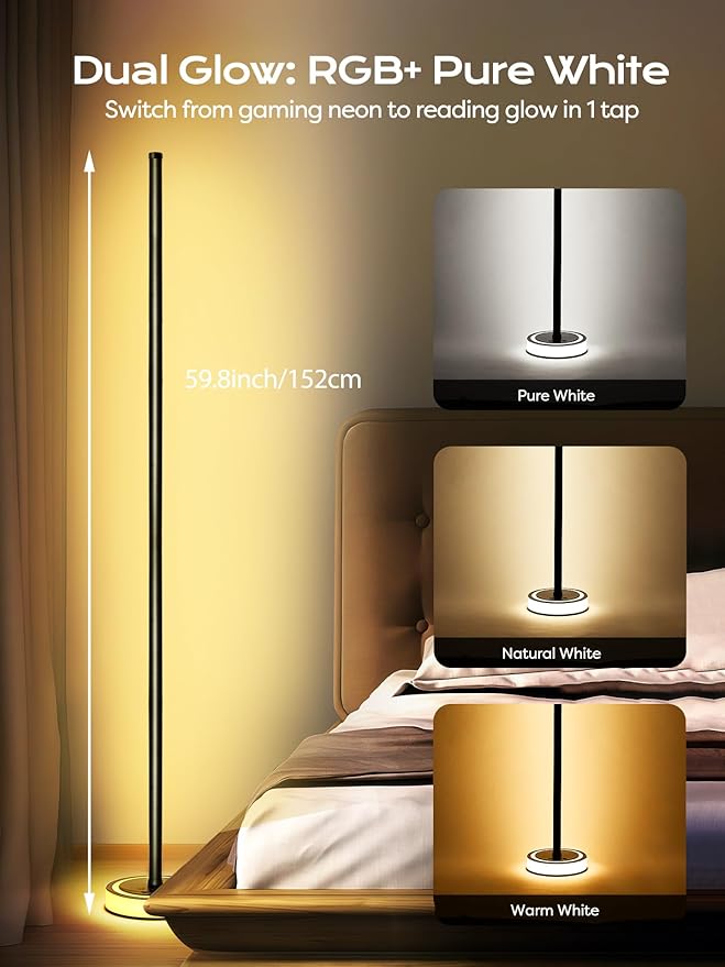 Smart Corner Floor Lamp, RGBICW LED Standing Lamp with App Control, 16 Million Colors with Music Sync, Dimmable Ambient Light for Bedroom, Living Room, Home Decor (Black)