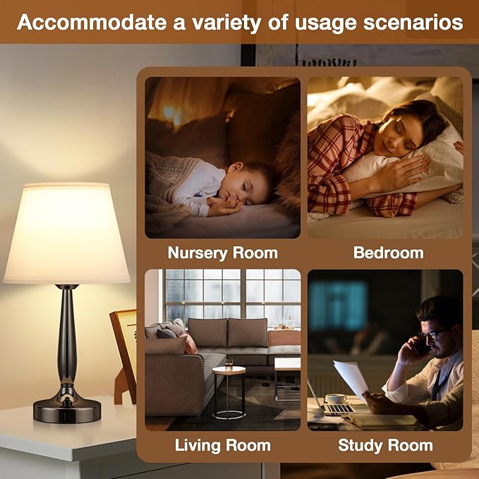 Kakanuo Touch Bedside Lamp for Bedroom with USB C Port, Small Touch Table Lamp with 2 USB Charging Ports, 3 Way Dimmable Nightstand Lamp for Living Room and Office - White (LED Bulb Included)