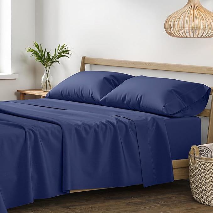 XOOX Linen 100% Egyptian Cotton Sheets California King Size - 1200 Thread Count Cal King Size Sheets Set, 4 PC Luxury Bedsheet (Navy Blue), Soft, Cooling, 17" Deep Pocket Sateen Weave Bedsheet Set