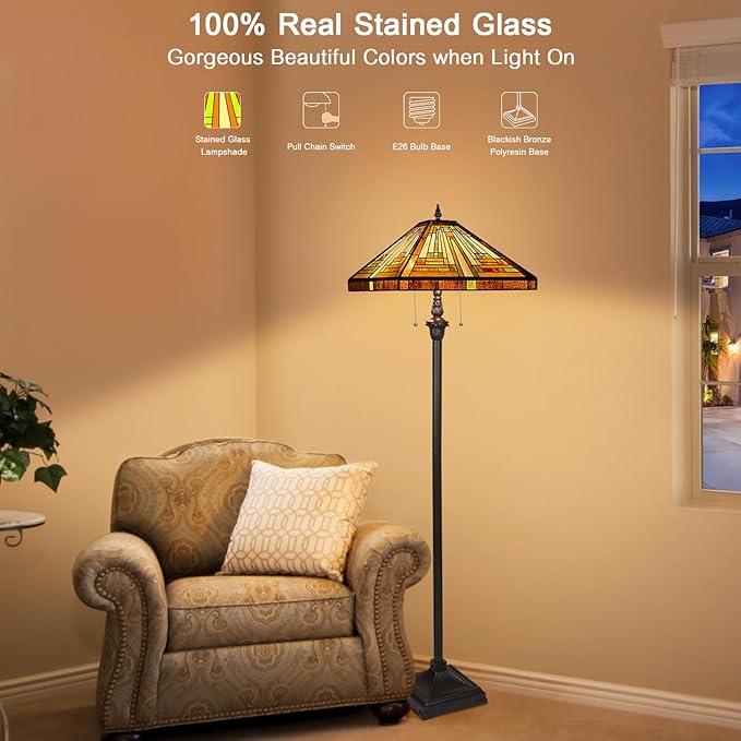 Capulina Tiffany Lamp Stained Glass Floor Lamp 2-Light 16X16X63 Inches Amber Brown Mission Antique Tiffany Style Standing Reading Lamp for Living Room Bedroom Home Office