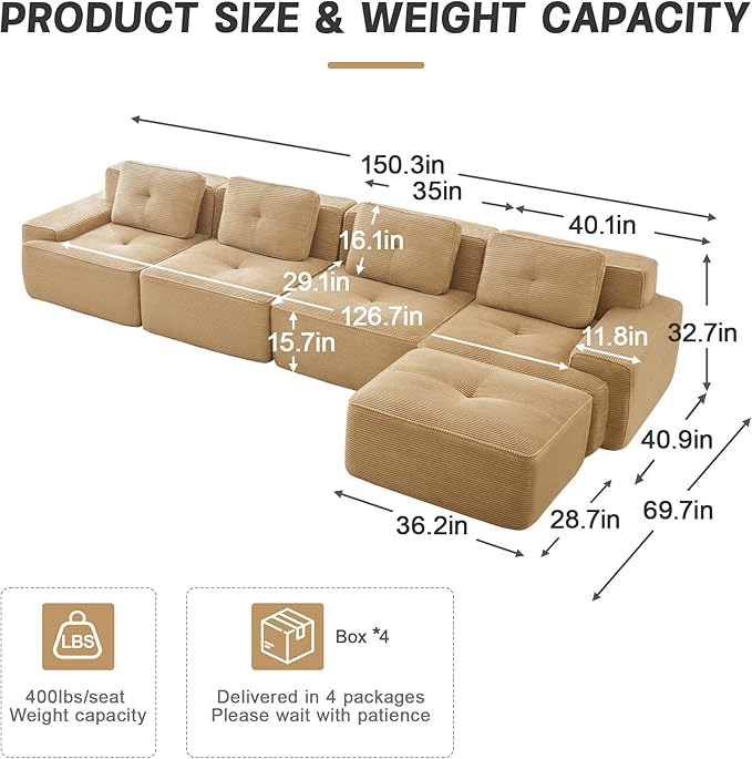 150" Modern Compressed Boneless Couch with Ottoman, 4 Seater Large L Shaped Sectional Couches for Living Room, Camel Corduroy Cloud Modular Sectional Sofa, Memory Foam, Extra Deep, No Assembly