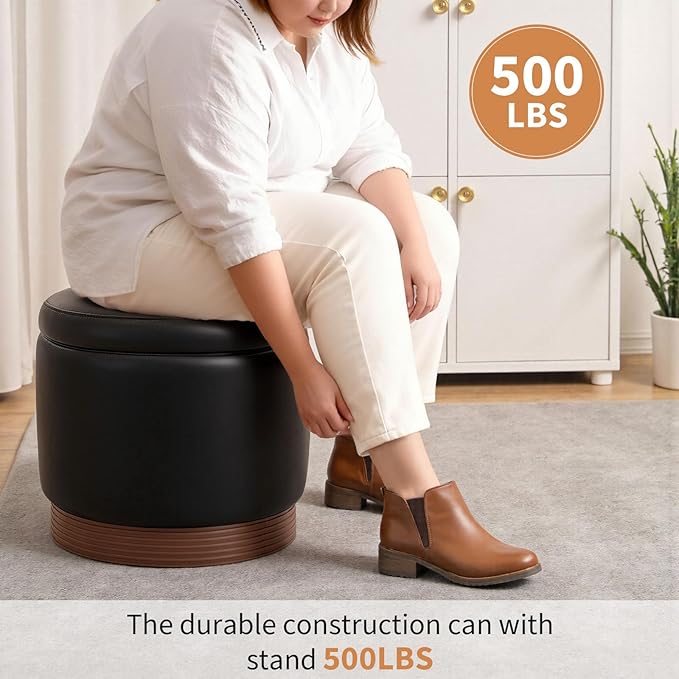 Round Storage Ottoman,Swivel Vanity Stool-Leather Foot Rest,Upholstered Footstool Pouf with Sturdy Acacia Wood Frame(500 lbs),Small Coffee Table & Hidden Storage Ottoman for Living Room