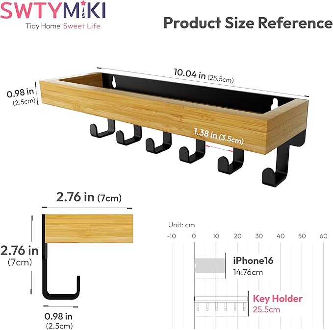 SWTYMIKI Key Holder Wall Mount - Wooden Key Hooks for Wall with Mail Organizer & 6 Hooks, 2 Installation Ways Key Hanger, Key Rack with Shelf for Entryway Living Room Bedroom Office Home Decor Wood