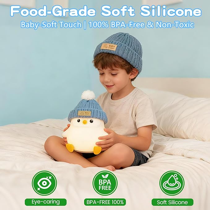 Penguin Lamp with Knit Hat,Adorable Penguin Night Light,Safe Soft Silicone,Dimmable Nursery Nightlight,LED Squishy Animal Lamp,Room Decor,White Elephant Gifts,Christmas Gifts for Kids /Boys Girls Baby