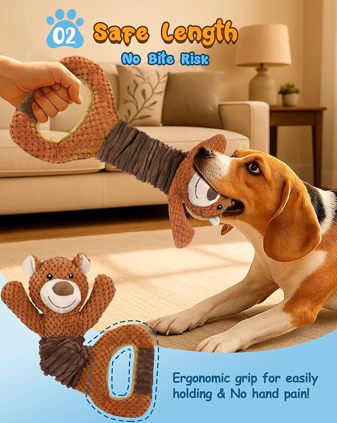 Swooflia Tug of War Dog Toy-Squeaky Plush Tug a War Dog Toy for Medium Large Breed Dogs to Keep Them Busy, Interactive Crinkle Doggie Toy, Cute Bear with Soft Long Pull Handle