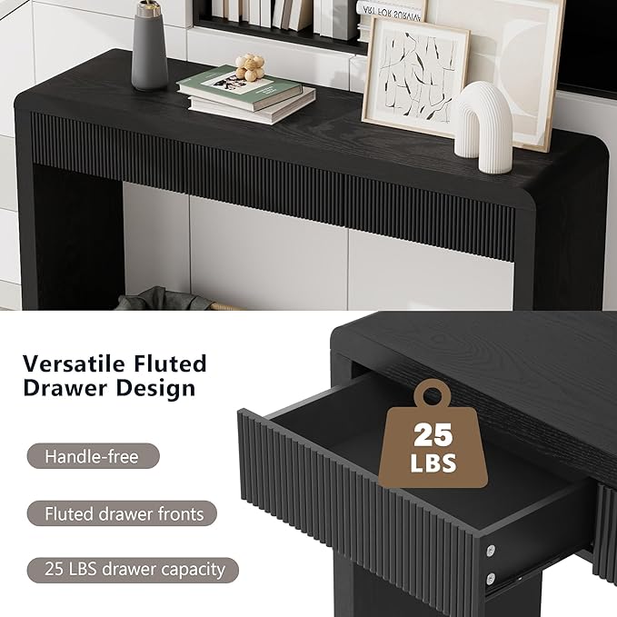 55”Curved Rustic Console Table with 3 Fluted Drawers,Solid Wood Veneer Entry Table Foyer Hallway Table, Narrow Sofa Table Natural Wood Grain for Living Room, Hallway (Black)