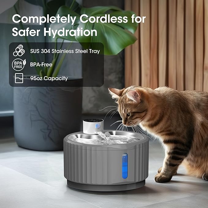 Wireless Cat Water Fountain, 95 oz/2.8 L Battery Operated Pet Water Fountain for Cats Inside, Automatic Dog Water Fountain with Stainless Steel Tray, Motion Sensor, Quiet Pump (Grey)